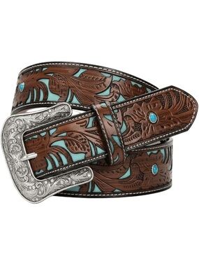 Western Tooled Leather Belt with Turquoise Inlay and Silver Buckle